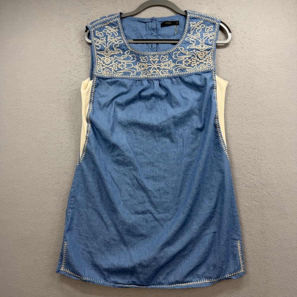 THML Dress Womens Medium Blue Denim Embroidered Sleeveless Boho Cotton Shift